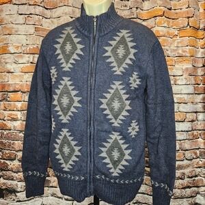 Stetson Mens Full Zip Sweater Navy Blue Grey Southwestern Geometric Medium